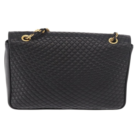 BALLY Double Flap Chain Shoulder Bag Leather Black Gold Auth am11961V