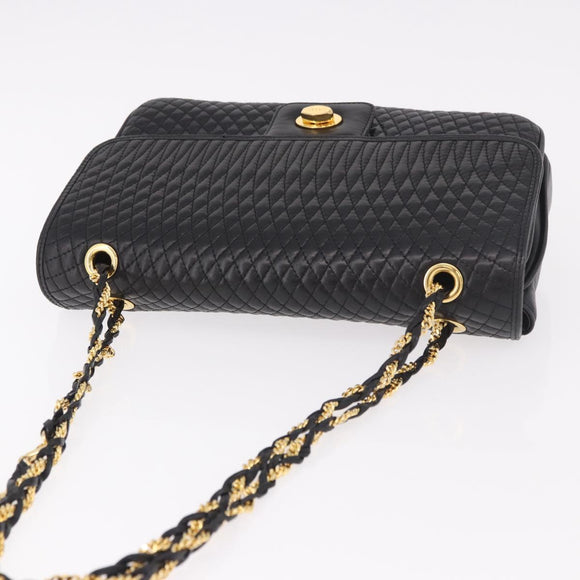 BALLY Double Flap Chain Shoulder Bag Leather Black Gold Auth am11961V