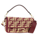 FENDI Zucca Canvas Mamma Baguette Bag Raffia 2way Beige Gold Auth am11981SM-1