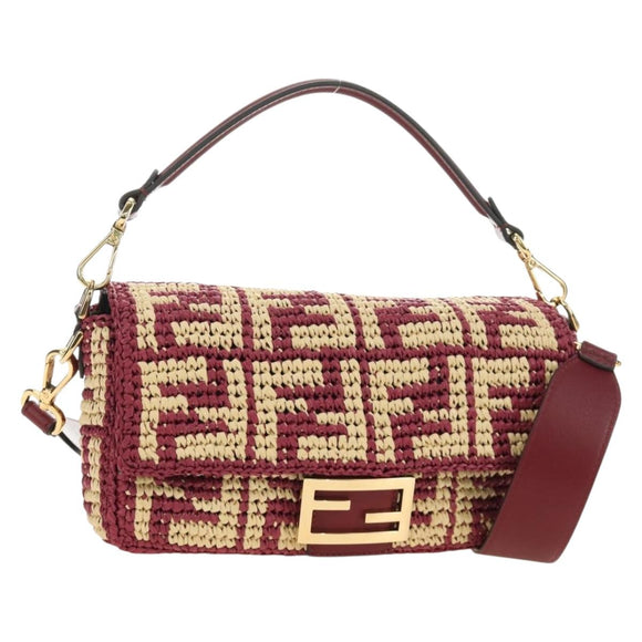 FENDI Zucca Canvas Mamma Baguette Bag Raffia 2way Beige Gold Auth am11981SM