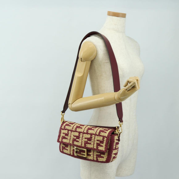 FENDI Zucca Canvas Mamma Baguette Bag Raffia 2way Beige Gold Auth am11981SM