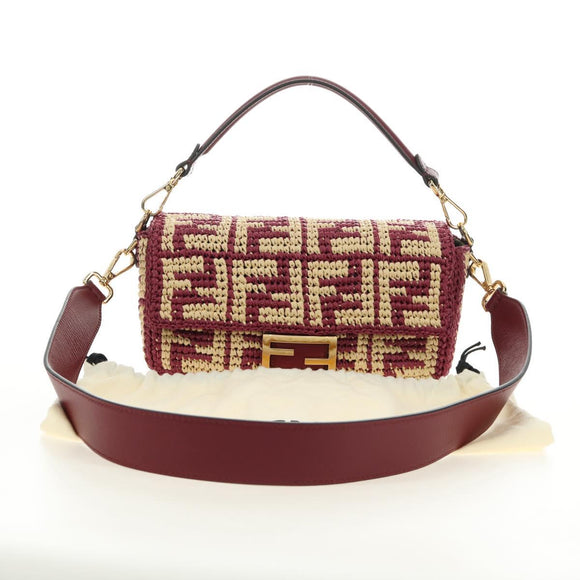 FENDI Zucca Canvas Mamma Baguette Bag Raffia 2way Beige Gold Auth am11981SM