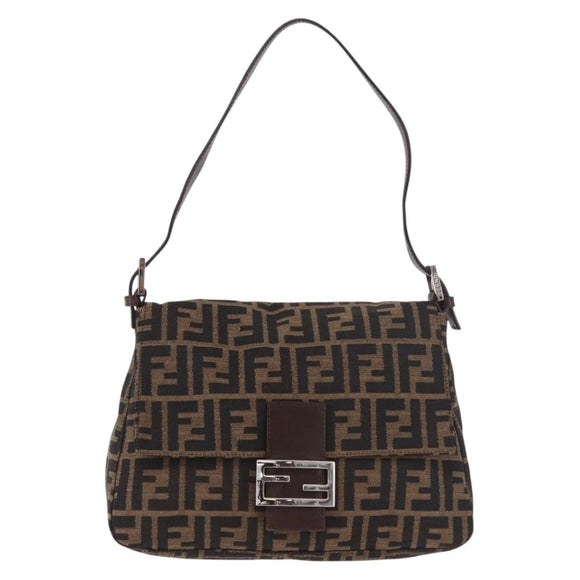 FENDI Zucca Canvas Mamma Baguette Shoulder Bag Black Brown Auth am11982V