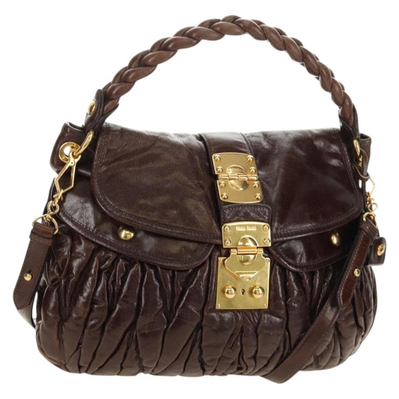 Miu Miu Ready Lock Shoulder Hand Bag Leather 2way Brown Gold Auth am11986V