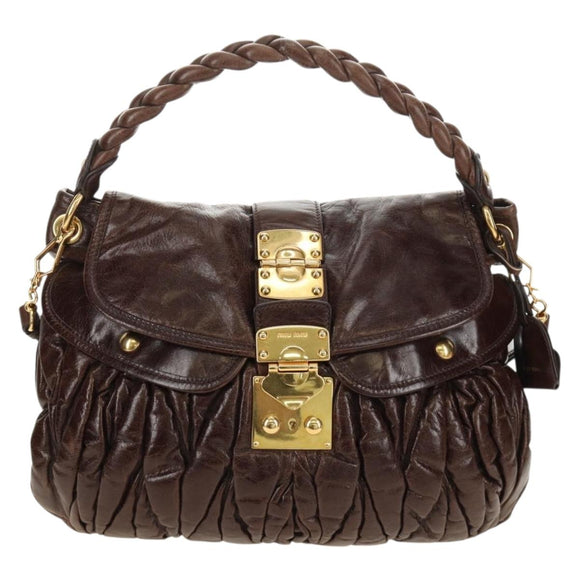 Miu Miu Ready Lock Shoulder Hand Bag Leather 2way Brown Gold Auth am11986V