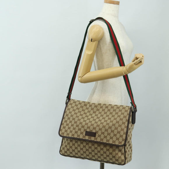 GUCCI GG Canvas Web Sherry Line Shoulder Bag Beige Silver 23302 Auth am11988V