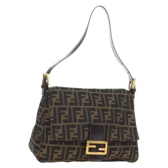 FENDI Zucca Canvas Mamma Baguette Shoulder Bag Brown Black gold Auth am12002V