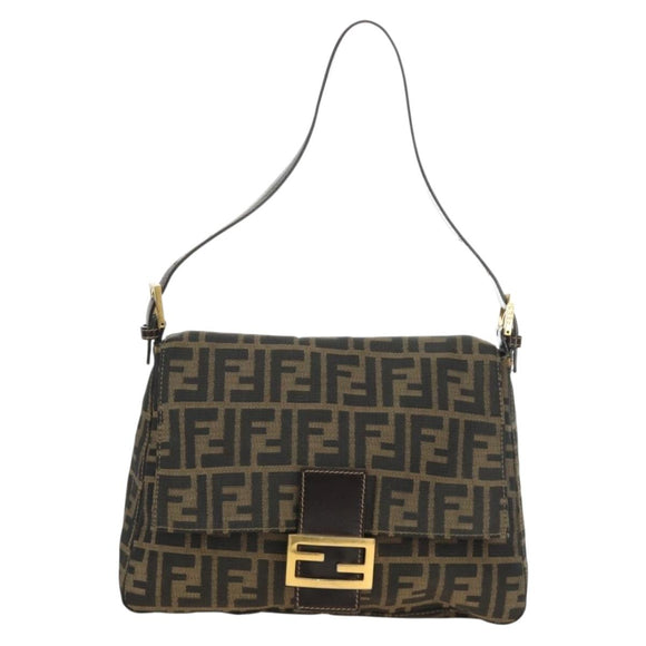 FENDI Zucca Canvas Mamma Baguette Shoulder Bag Brown Black gold Auth am12002V