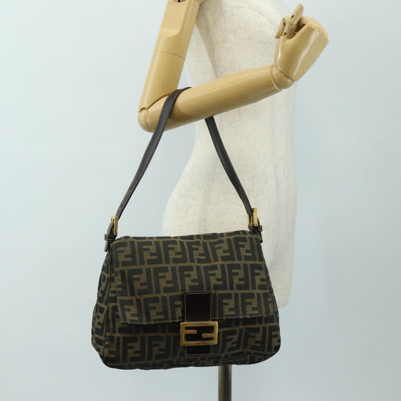 FENDI Zucca Canvas Mamma Baguette Shoulder Bag Brown Black gold Auth am12002V