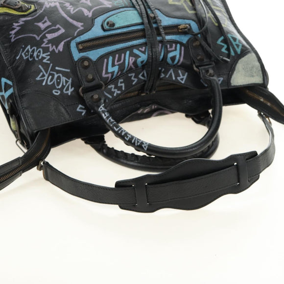 BALENCIAGA Graffiti The City Hand Bag Leather 2way Black 115748 Auth am12010SAM