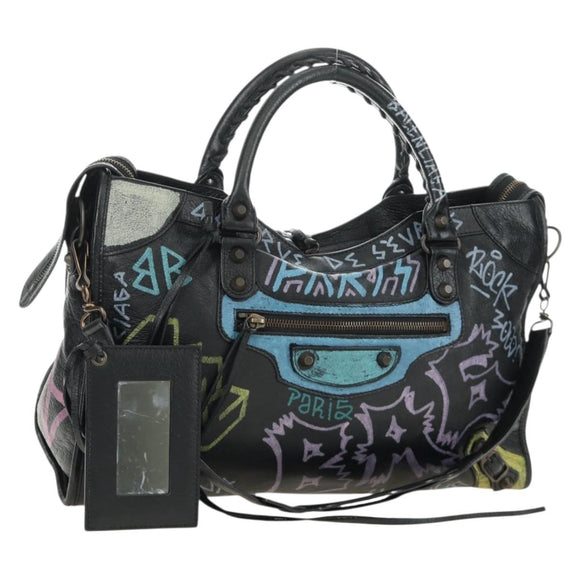 BALENCIAGA Graffiti The City Hand Bag Leather 2way Black 115748 Auth am12010SAM