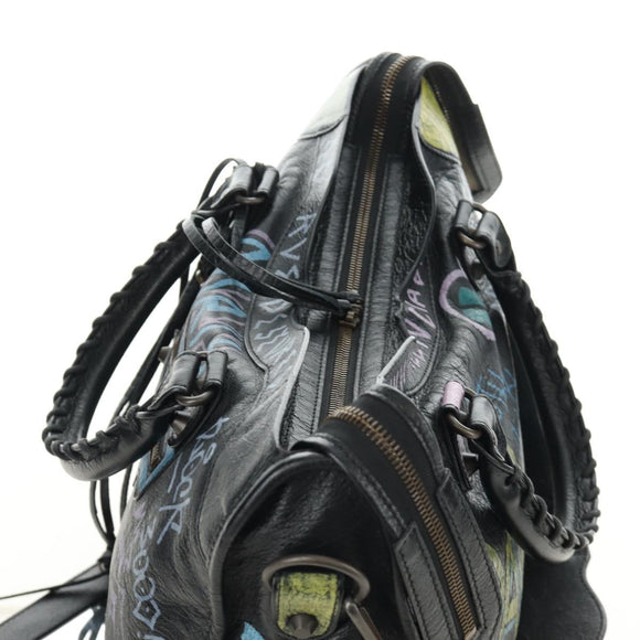 BALENCIAGA Graffiti The City Hand Bag Leather 2way Black 115748 Auth am12010SAM