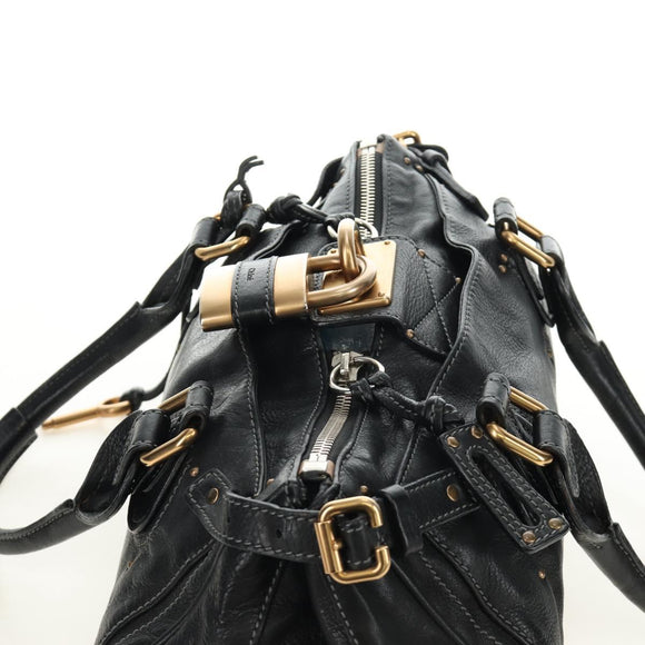 Chloe Paddington Hand Bag Leather Black Gold Silver Auth am12013SAM