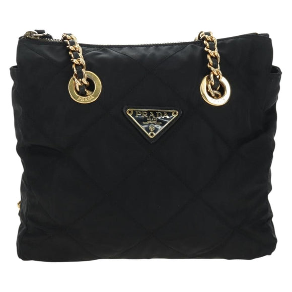 PRADA Chain Tote Bag Nylon Black Gold Auth am12036V