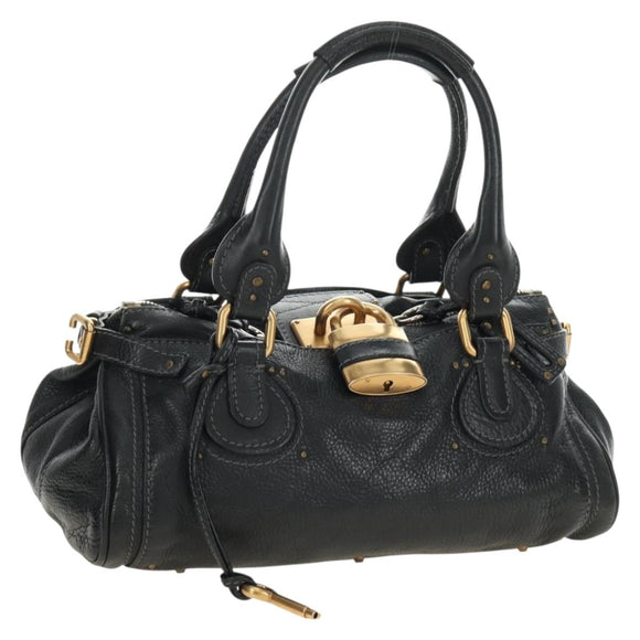 Chloe Paddington Hand Bag Leather Black Gold Silver Auth am12037V