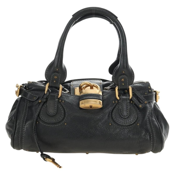 Chloe Paddington Hand Bag Leather Black Gold Silver Auth am12037V