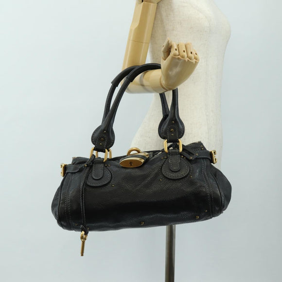 Chloe Paddington Hand Bag Leather Black Gold Silver Auth am12037V