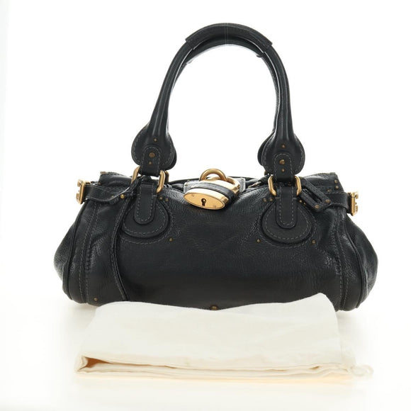Chloe Paddington Hand Bag Leather Black Gold Silver Auth am12037V