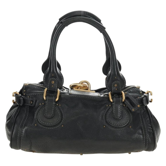 Chloe Paddington Hand Bag Leather Black Gold Silver Auth am12037V