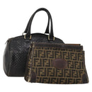 FENDI Zucca Canvas Hand Bag Leather 2 Set Brown Black Auth am12050-1