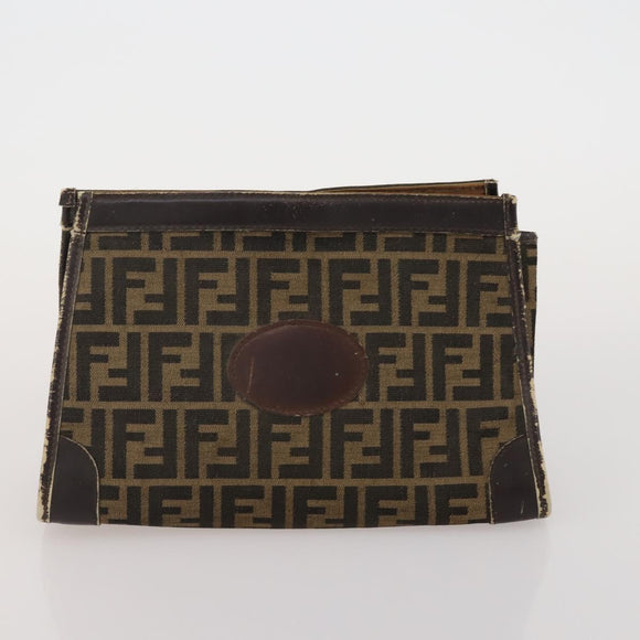 FENDI Zucca Canvas Hand Bag Leather 2 Set Brown Black Auth am12050