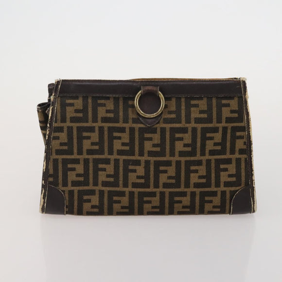 FENDI Zucca Canvas Hand Bag Leather 2 Set Brown Black Auth am12050