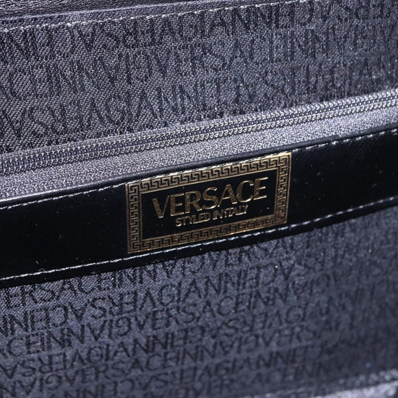 Gianni Versace Sunburst Vanity Hand Bag Leather Black Gold Auth am12056V