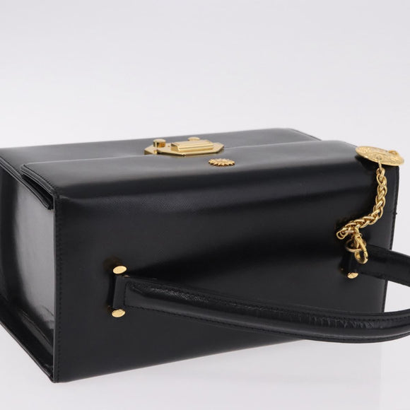 Gianni Versace Sunburst Vanity Hand Bag Leather Black Gold Auth am12056V