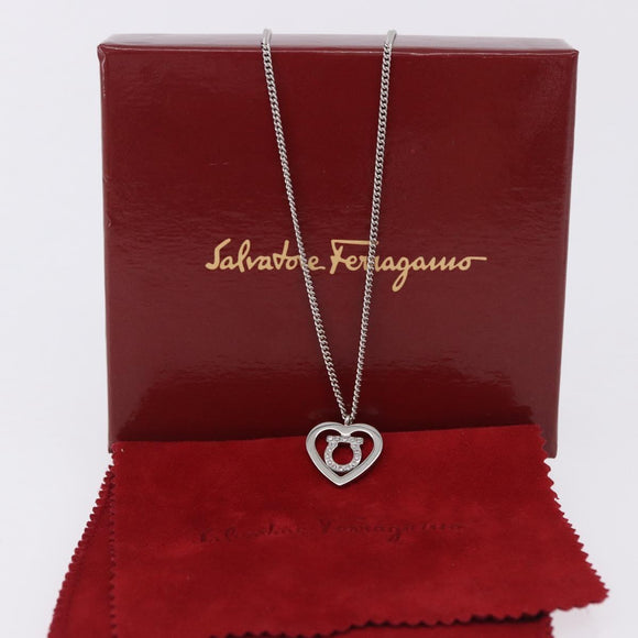 Salvatore Ferragamo Gancini Rhinestone Heart Necklace metal Silver Auth am12057V