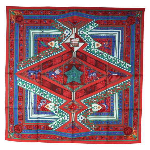 HERMES Carre 90 Scarf ”ORS BLEUS D'AFRIQUE” Silk Red Auth am12076M