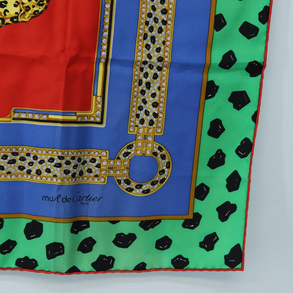 CARTIER Leopard Pattern Scarf Silk Green Blue Auth am12079M