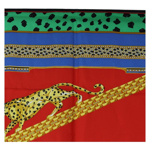 CARTIER Leopard Pattern Scarf Silk Green Blue Auth am12079M