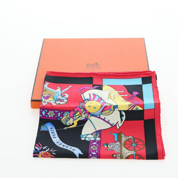 HERMES Carre 90 Scarf ”fantaisies indiennes” Silk Red Black Auth am12080M