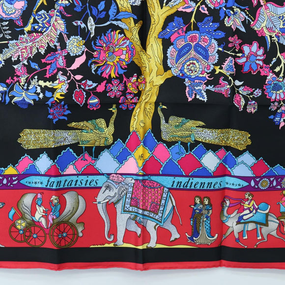 HERMES Carre 90 Scarf ”fantaisies indiennes” Silk Red Black Auth am12080M