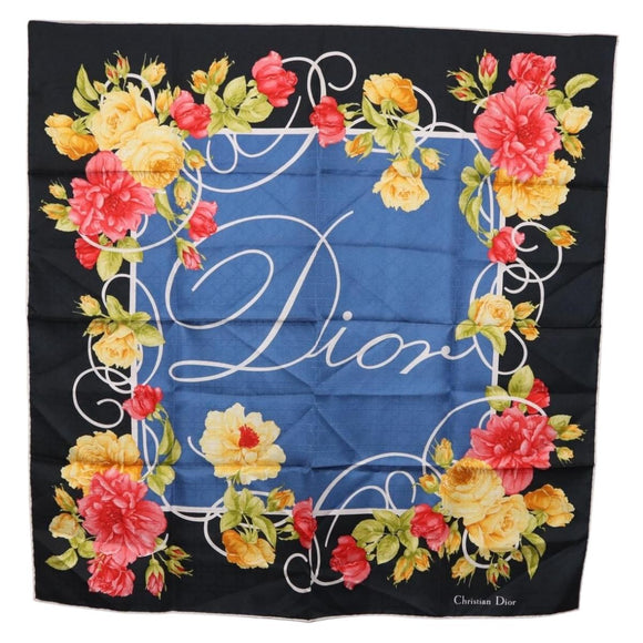 Christian Dior Floral Scarf Silk Black Blue Auth am12095M