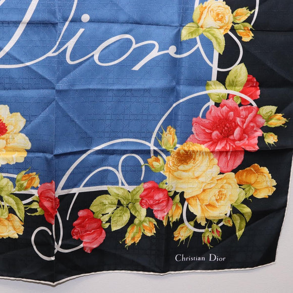 Christian Dior Floral Scarf Silk Black Blue Auth am12095M