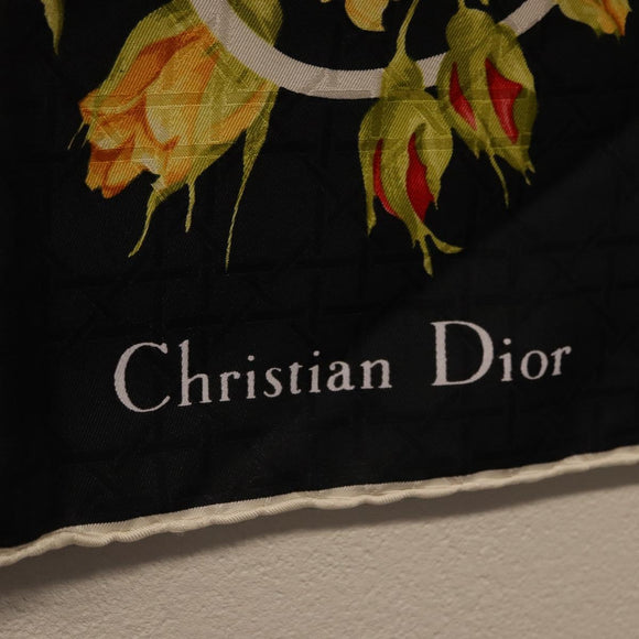 Christian Dior Floral Scarf Silk Black Blue Auth am12095M