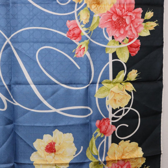 Christian Dior Floral Scarf Silk Black Blue Auth am12095M