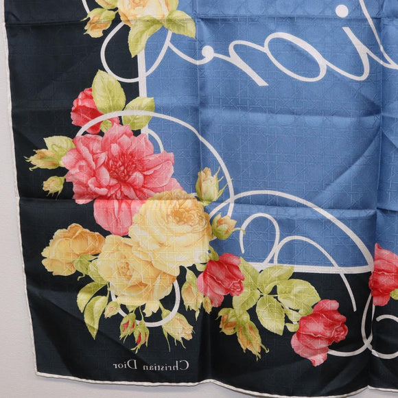 Christian Dior Floral Scarf Silk Black Blue Auth am12095M