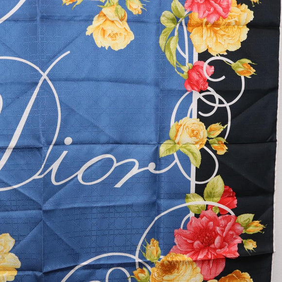 Christian Dior Floral Scarf Silk Black Blue Auth am12095M