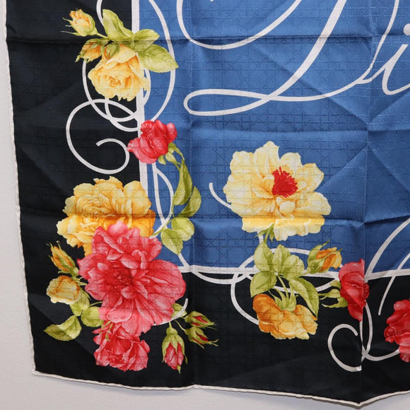 Christian Dior Floral Scarf Silk Black Blue Auth am12095M