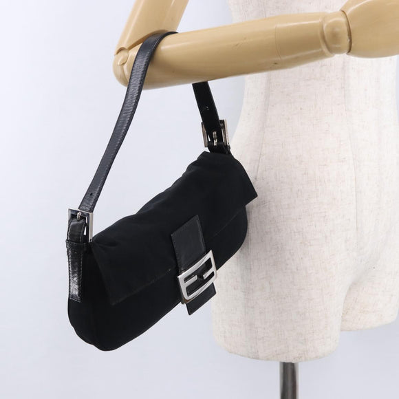 FENDI Mamma Baguette Shoulder Bag Cotton jersey Black Silver Auth am12099V