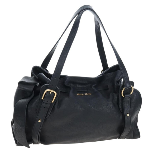 Miu Miu Side Ribbon Tote Bag Leather Black Gold RR1312 Auth am12103SAM