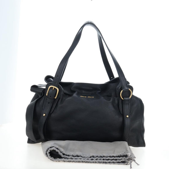 Miu Miu Side Ribbon Tote Bag Leather Black Gold RR1312 Auth am12103SAM