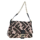 FENDI Chain Mamma Baguette Bag Wool Sequin Enamel Black Pink Auth am12104SM-1