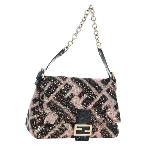 FENDI Chain Mamma Baguette Bag Wool Sequin Enamel Black Pink Auth am12104SM