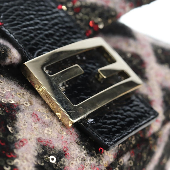 FENDI Chain Mamma Baguette Bag Wool Sequin Enamel Black Pink Auth am12104SM
