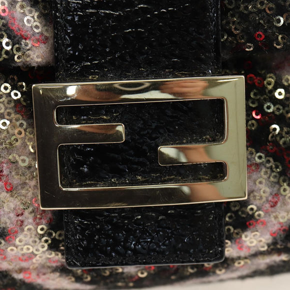 FENDI Chain Mamma Baguette Bag Wool Sequin Enamel Black Pink Auth am12104SM