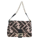 FENDI Chain Mamma Baguette Bag Wool Sequin Enamel Black Pink Auth am12104SM-13
