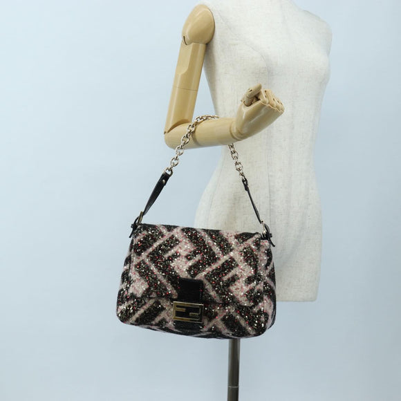 FENDI Chain Mamma Baguette Bag Wool Sequin Enamel Black Pink Auth am12104SM